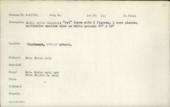 Documentation associated with Hearst Museum object titled Wall hanging, accession number 2-17191, described as Small, white blanket.  "Yei" throw with 2 figures, 3 corn plants; multicolor analine dyes on white ground.