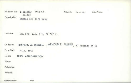 Documentation associated with Hearst Museum object titled Faunal remains, accession number 1-111072, described as Mammal and bird.