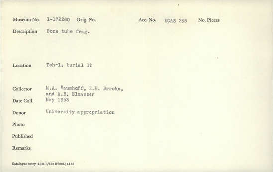 Documentation associated with Hearst Museum object titled Bone tube fragment, accession number 1-172260, described as Bone.