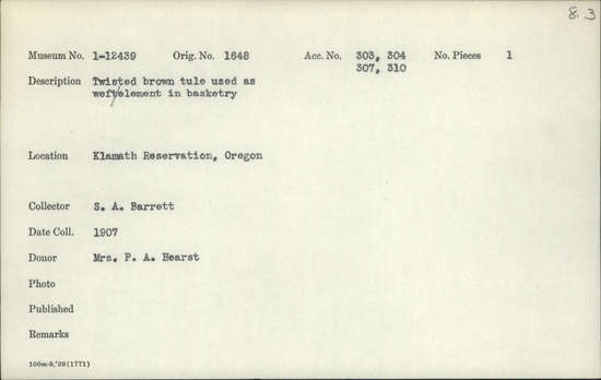 Documentation associated with Hearst Museum object titled Tule, accession number 1-12439, described as Twisted, brown tule.