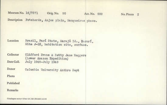 Documentation associated with Hearst Museum object titled Potsherds, accession number 16-7371, described as Potsherds, Anjos plain