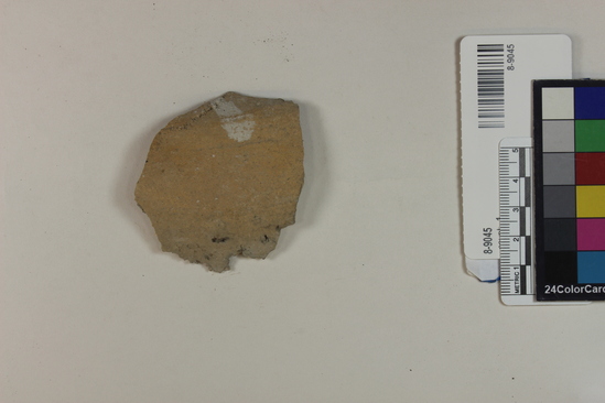 Hearst Museum object titled Fresco fragment, accession number 8-9045, described as Architectural Fragment of house; plaster; Approx 5.5cm X 6.0cm