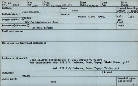 Documentation associated with Hearst Museum object titled Audio recording, accession number 24-2420, described as Girl's Adolescence Song Notebook 14, p.150 Series 9, Record 9