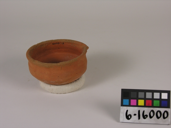 Hearst Museum object titled Bowl, accession number 6-16000, described as pottery: red bowl with spout diameter 11 height 6 cm