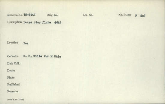 Documentation associated with Hearst Museum object titled Black-and-white negative, accession number 15-2447, described as Large clay flute 4642