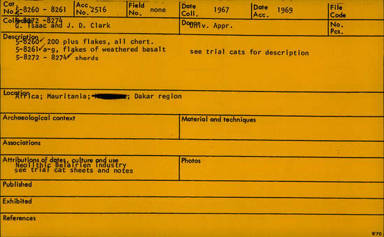 Documentation associated with Hearst Museum object titled Flake, accession number 5-8260, described as Flakes; no secondary flaking; various sizes.