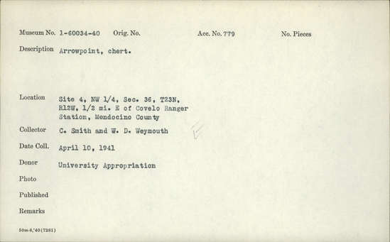 Documentation associated with Hearst Museum object titled Projectile point, accession number 1-60037, described as chert arrowpoint