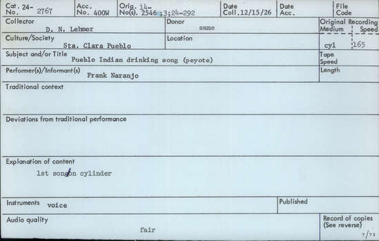 Documentation associated with Hearst Museum object titled Audio recording, accession number 24-2767, described as Pueblo Indian drinking song