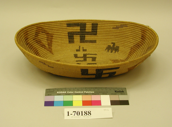 Hearst Museum object titled Bowl basket, accession number 1-70188, described as Coiled, oval.  Swastika and eagle design.  Tag "Mission type Eagle Swastika Oval" Per Ralph Shanks:  Coiled oval bowl.  Not used.  It has a deergrass bundle foundation.  The background wefts are sumac and the designs are orange and black-dyed juncus. The design is four swastikas, two diamonds, two eagles, two sets of three short rows of black and white stripes, and two sets of two other geometric designs.  The basket has an oval starting knot. The basket has an interior workface with a rightward work direction. The weft fag ends are clipped.  The rim is plain wrapped with a tapered coil ending.  Due to the design layout, the use of materials, and the clipped fag ends this is attributed to the Cahuilla.