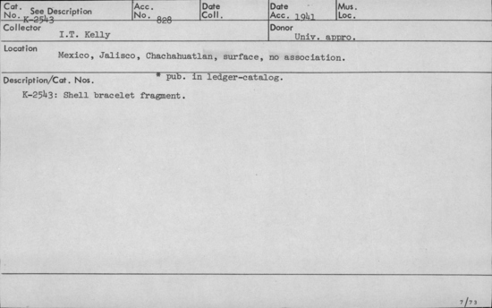 Documentation associated with Hearst Museum object titled Bracelet fragment, accession number K-2543, described as Shell bracelet fragment.