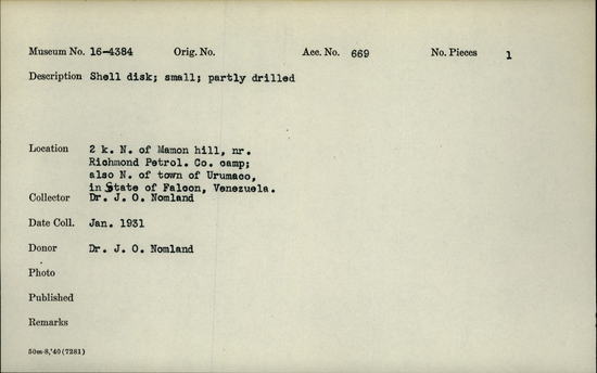 Documentation associated with Hearst Museum object titled Bead, accession number 16-4384, described as Shell disk; partly drilled