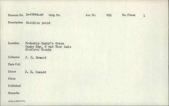 Documentation associated with Hearst Museum object titled Point, accession number 1-40864, described as Obsidian