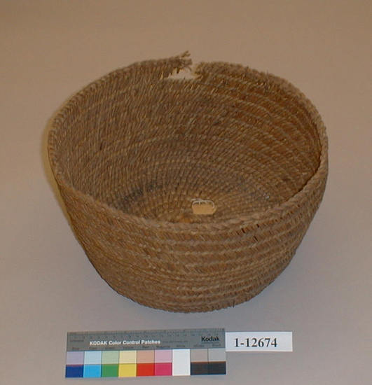 Hearst Museum object titled Burden basket, accession number 1-12674, described as Burden basket; twined. Warp and weft are split Tule (Schoenoplectus acutus).