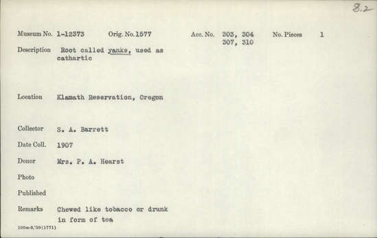 Documentation associated with Hearst Museum object titled Root, accession number 1-12373, described as Called yanks