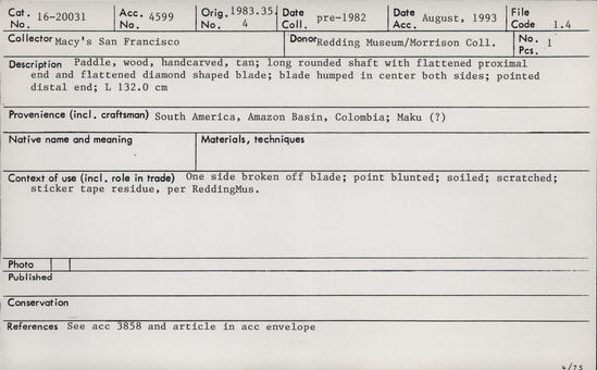 Documentation associated with Hearst Museum object titled Paddle, accession number 16-20031, no description available.