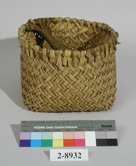 Hearst Museum object 2 of 3 titled Basket, accession number 2-8932, described as Made of yucca. Natural color; square bottom and round rim. Twilled split yucca fibers in body; rim is laid on rod with body splits folded over it and twined in place with bast. Handle made of twine/rope strands affixed to side(s) of basket, then used as foundation for half-hitch coil covering.