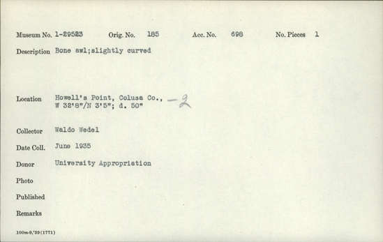 Documentation associated with Hearst Museum object titled Awl, accession number 1-29523, described as Bone; slightly curved.