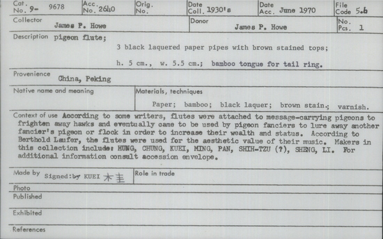 Documentation associated with Hearst Museum object titled Pigeon flute, accession number 9-9678, described as pigeon flute; 3 black lacquered paper pipes w/brown stained tops; ht5 cm, w. 5.5 cm,;bamboo tongue for tail ring.