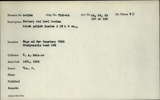 Documentation associated with Hearst Museum object titled Broken bowl, accession number 6-3344, described as pottery, red bowl, broken, black polish inside