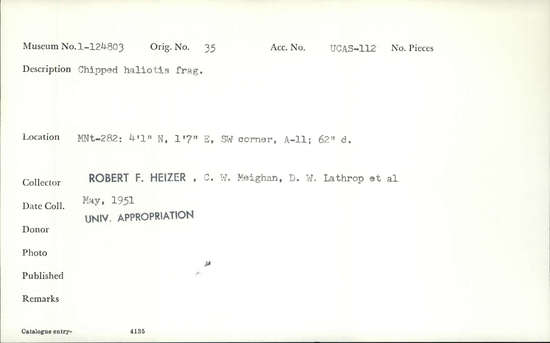 Documentation associated with Hearst Museum object titled Shell fragment, accession number 1-124803, described as Chipped.