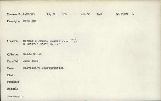 Documentation associated with Hearst Museum object titled Awl, accession number 1-29580, described as Bone.