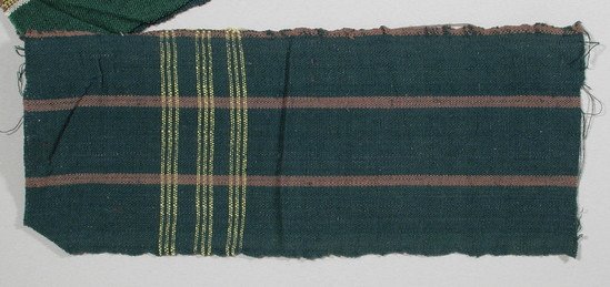 Hearst Museum object titled Textile fragment, accession number 5-11229, described as textile sample (section of narrow band weaving): dark green ground; three maroon stripes.