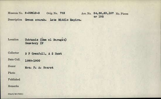 Documentation associated with Hearst Museum object titled Scarab, accession number 6-20910, described as green scarab. Late Middle Empire