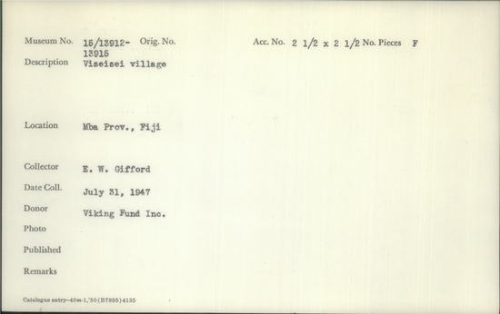 Documentation associated with Hearst Museum object titled Black-and-white negative, accession number 15-13915, described as Viseisei Village