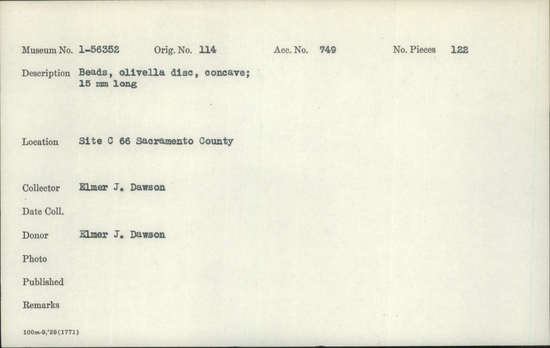 Documentation associated with Hearst Museum object titled Bead, accession number 1-56352, described as Beads, Olivella disc, concave,