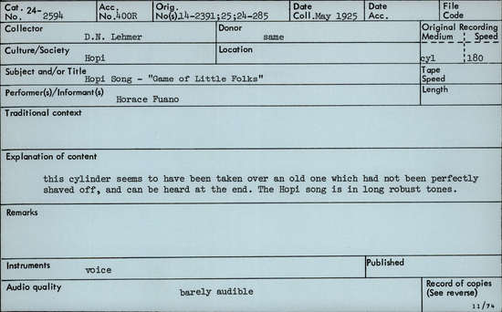 Documentation associated with Hearst Museum object titled Audio recording, accession number 24-2594, described as Hopi Song: "Game of Little Folks