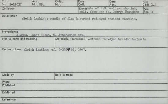 Documentation associated with Hearst Museum object titled Lashing, accession number 2-19037, described as Bundle of flat 4 strand red dyed braided buckskin.