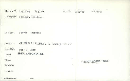 Documentation associated with Hearst Museum object titled Scraper, accession number 1-119363, described as Obsidian