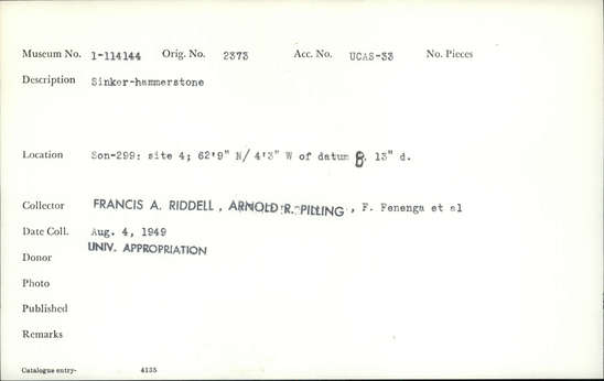 Documentation associated with Hearst Museum object titled Sinker hammerstone, accession number 1-114144, described as Sinker hammerstone