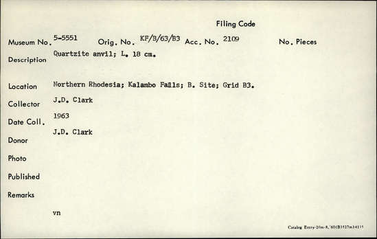 Documentation associated with Hearst Museum object titled Anvil, accession number 5-5551, described as Quartzite anvil; L. 18 cm