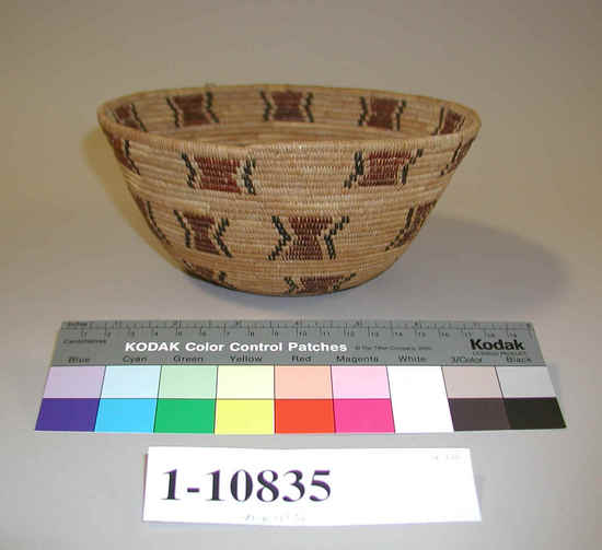 Hearst Museum object titled Bowl basket, accession number 1-10835, described as Bowl basket; coiled. Warp is Epicampes (Sporobolus rigens), weft is Sedge (Carex). Red pattern is Redbud (Cercis occidentalis). Black pattern is Brake fern (Pteris quilina). New.