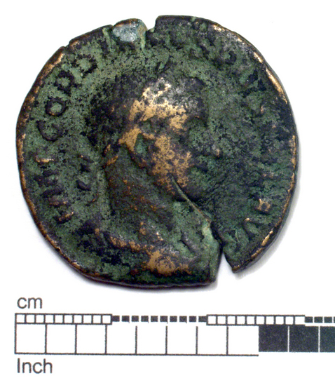 Hearst Museum object 1 of 8 titled Coin: æ sestertius, accession number 8-6194, described as Coin: Sestertius (?); Æ; Gordianus III - 15.36 grms. Obverse: IMP GORDIANVS PIVS FEL AVG - Bust facing right, laureate, draped, cuirassed. Reverse: FELICIT TEMPOR, SC - Felicitas standing holding long caduceus and cornucopiae.