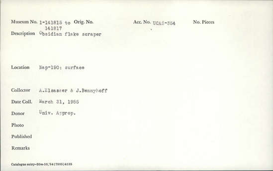 Documentation associated with Hearst Museum object titled Flake scraper, accession number 1-141815, described as obsidian flake scraper