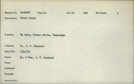 Documentation associated with Hearst Museum object titled Flake, accession number 16-2900, described as Flint flake