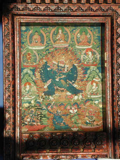 Hearst Museum object 4 of 7 titled Shrine of vajrabhairava, accession number 9-22005a-d, described as This is a shrine that contains eleven major Buddhist deities and could be used as the main object of worship for a Lama or devout lay person. Height: 57.2 cm, Width/depth: 33.6 cm, Depth: 10.6 cm