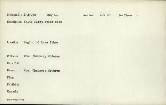 Documentation associated with Hearst Museum object titled Spear point, accession number 1-27090, described as White flint spear head.