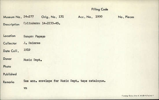 Documentation associated with Hearst Museum object titled Audio recording, accession number 24-277, described as Songs: Papago. See acc. envelope for music dept. tape catalogue. Cylinders: 14-2233-45.