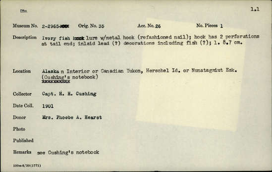 Documentation associated with Hearst Museum object titled Fishing lure, accession number 2-2965, described as Ivory with metal hook (refashioned nail). Hook has 2 perforations at tail end, inlaid lead (?) decorations including fish (?).