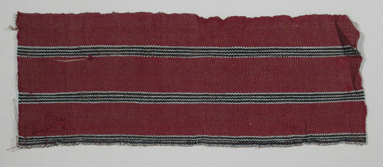 Hearst Museum object titled Textile fragment, accession number 5-11299, described as textile sample (section of narrow band weaving): three narrow stripes black with four white lines, marron ground.