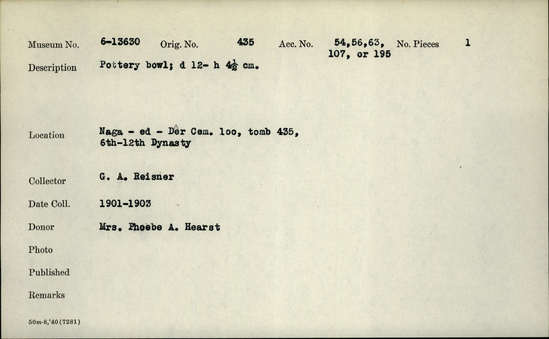 Documentation associated with Hearst Museum object titled Bowl, accession number 6-13630, described as Pottery bowl; d 12- h 4.5 cm.