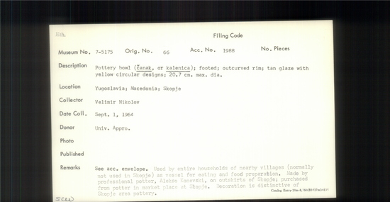 Documentation associated with Hearst Museum object titled Pottery bowl, accession number 7-5175, described as Pottery bowl (čanak, or kalenica); footed; outcurved rim; tan glaze with yellow circular designs; 20.7 cm max. dia.