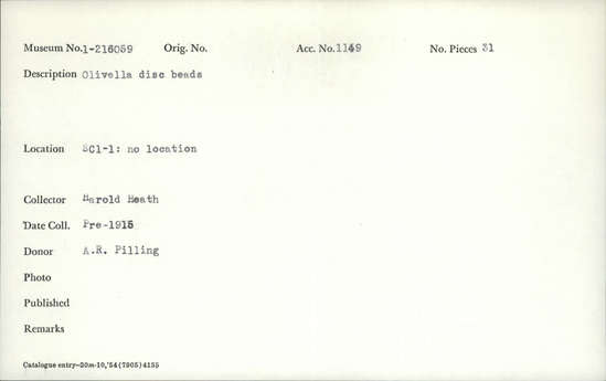 Documentation associated with Hearst Museum object titled Beads, accession number 1-216059, described as Olivella disc.. Normal haliotis saucer beads;  G2 (B&H:  132)