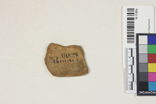 Hearst Museum object 4 of 5 titled Potsherd, accession number 16-11283c, described as Shers; yellow-buff to gray; with dark center; fine temper with an occasional large particle; 2 body 1 7/8 inches; 1 body with applique strip, length: 1½ inches; 1 rim, thick lip, length: 2 3/4 inches.