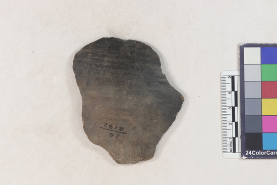 Hearst Museum object 37 of 183 titled Potsherd, accession number 16-8192, described as Potsherd: bodys Section of Manta on beach currently inhabited. Numbers  8111 to 8194 are sherds picked up on beach at low tide.