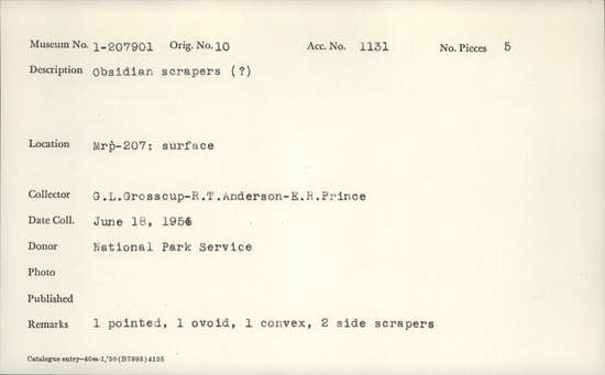 Documentation associated with Hearst Museum object titled Scrapers, accession number 1-207901, described as obsidian scrapers?; 1 pointed, 1 ovoid, 1 convex, 2 side scrapers