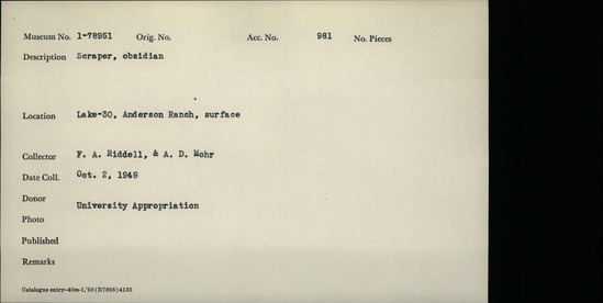 Documentation associated with Hearst Museum object titled Scraper, accession number 1-78951, described as Obsidian.